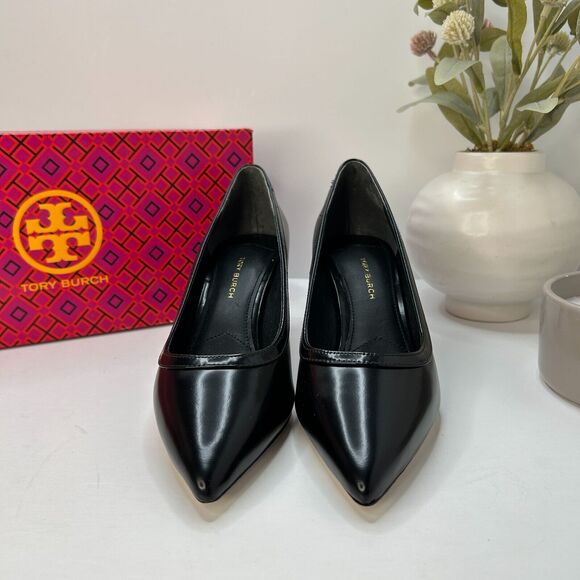 Tory Burch Leather Statement Heel Pumps Pointed Toe Black SN 141095 Women's 6M - Picture 2 of 10